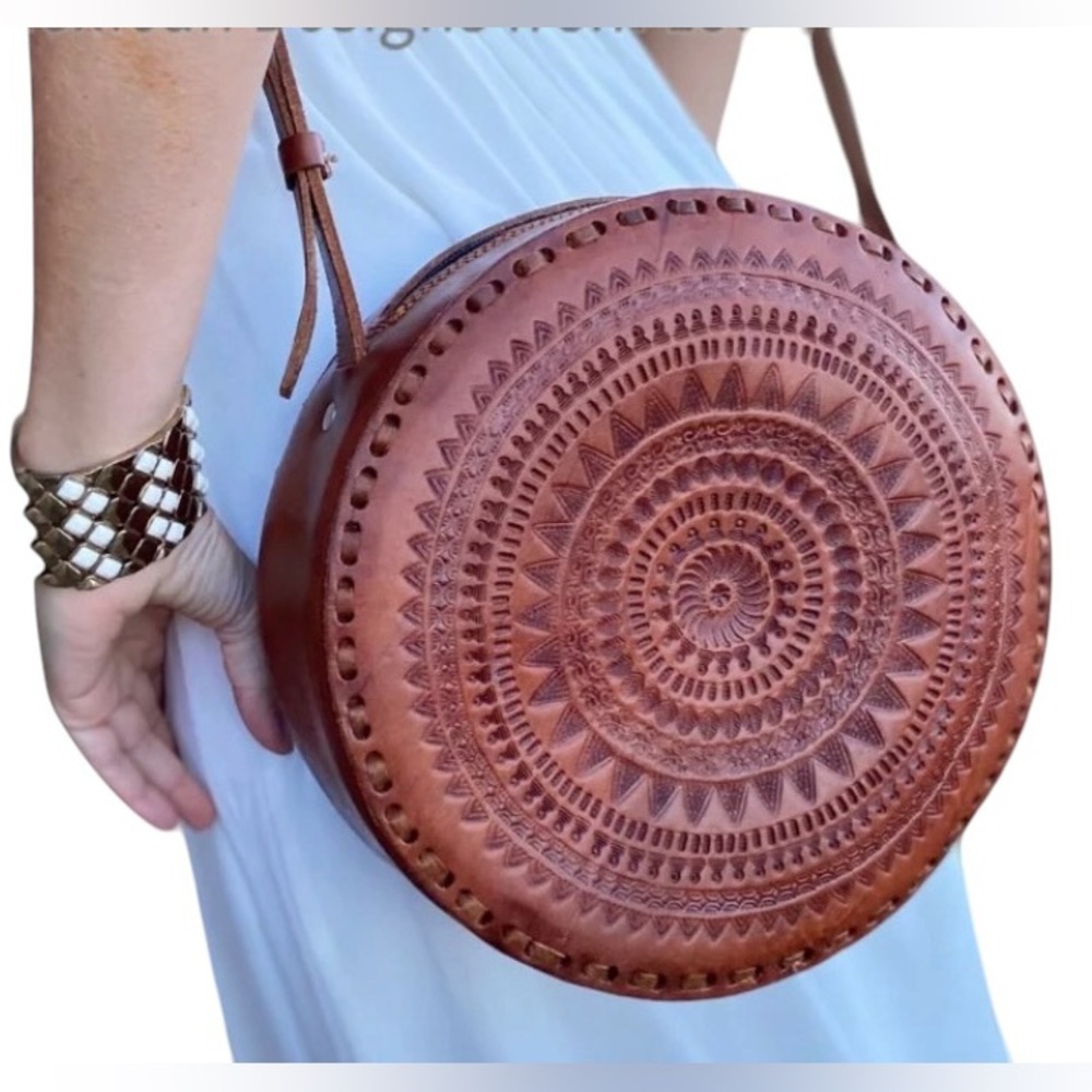 Leather tooled Embroidered Crossbody Bag